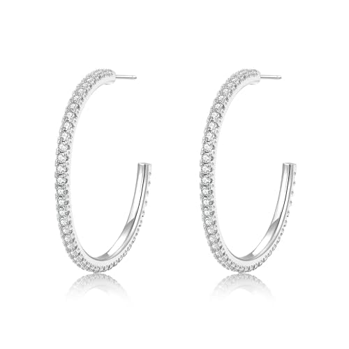 925 Sterling Silver Earrings Large Rhinestone Hoop Earrings Big Cubic Zirconia Hoop Earrings Thin Rhinestones Round Hoop Earrings for Women 20/30/40/50/60/70mm Sparkly Hoops With Crystals for Womens - color: 40mm-Silver