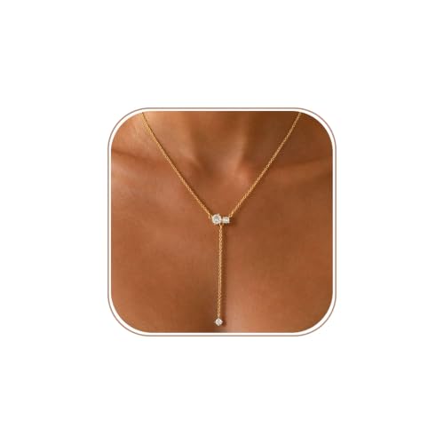 Lariat Gold Necklace for Women Dainty Long Necklaces 14k Gold Plated CZ Y Drop Chain Necklace Trendy Gold Jewelry Gifts - color: 2 Square Zircons-Y Necklace-gold-427