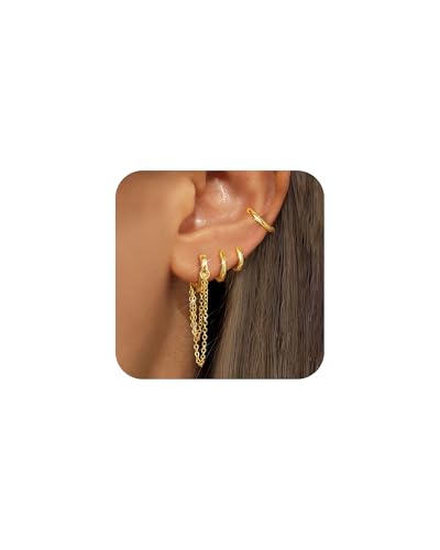 Tassel Chain Small Gold Hoop Dangle Earring For Women Huggie Earring Heart Star CZ 14K Gold Plated Fashion Jewelry Graduation Gift for Her Mothers Day Gifts for Mom - color: Gold-4 Pairs C