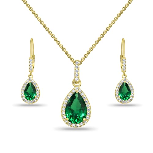 Jewelry Sets for Women, Necklace and Earring Sets for Women, Birthstone Jewelry, Genuine or Synthetic Gemstones, Teardrop Necklace and Dangle Earrings, Pendant Necklace, Sterling Silver Jewelry - color: Simulated Emerald - Yellow Gold