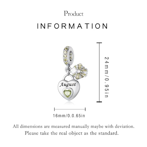 LNQOBU 925 Sterling Silve Heart-shaped Birthstone Charm for Bracelets, With 5A Cubic Zirconia Birthday Charms Dangle Pendant Bead for Pandora Bracelets - color: H-August