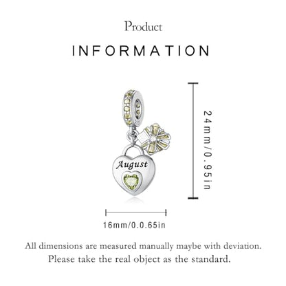 LNQOBU 925 Sterling Silve Heart-shaped Birthstone Charm for Bracelets, With 5A Cubic Zirconia Birthday Charms Dangle Pendant Bead for Pandora Bracelets - color: H-August