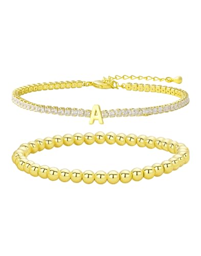 14K Gold Plated Bracelets for Women Dainty Tennis Initial Bracelet Trendy Beaded Stackable Charm Bracelets Layered Waterproof Bracelet Dainty Bracelet for Women Jewelry Gifts - style: 01A