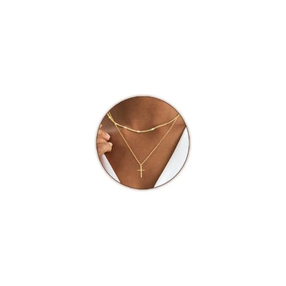 Airmb Cross Necklace for Women Gold/Silver Plated Layered Dainty Cross Chain Trendy Choker Satellite Charm Small Crucifix Pendant Gold/Silver Necklace Stackable Hypoallergenic Delicate Gift for Women - color: Gold-2PS Dot Chain