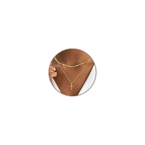 Airmb Cross Necklace for Women Gold/Silver Plated Layered Dainty Cross Chain Trendy Choker Satellite Charm Small Crucifix Pendant Gold/Silver Necklace Stackable Hypoallergenic Delicate Gift for Women - color: Gold-2PS Dot Chain