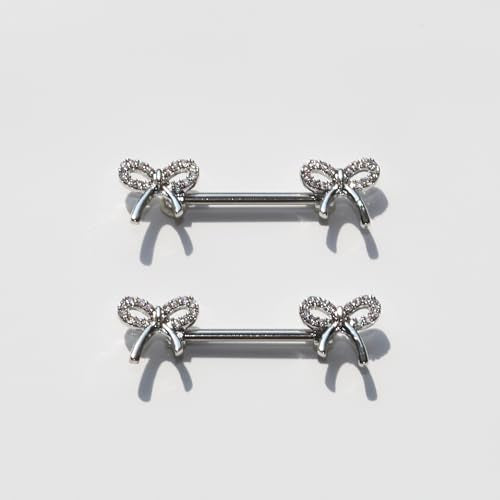 BSJ4U Nipple Piercing Jewelry 14G Stainless Steel Nipple Rings for Women Heart Butterfly Flower Bow Nipple Barbells - color: Silver CZ Nipple Piercing Jewelry