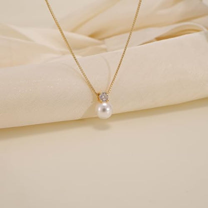 Pearl Necklaces for Women Trendy,Dainty Pearl Pendant Necklace | 14k Gold Plated Elegant Pearl Necklace,Simple Pearl Pendant,Dainty Gold Jewelry,Waterproof Summer Bridal Wedding Accessories - color: GOLD-11