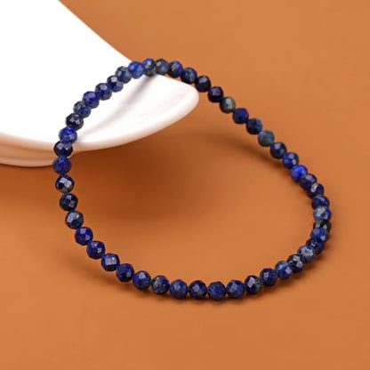 Natural Faceted Crystal Bracelet for Women,4mm Gemstone Round Beads Bracelets Adjustable Stretchy Healing Crystal Beads Bracelets Dainty Jewelry Gift - color: Lapis Lazuli