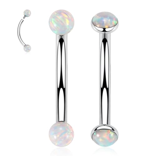 G23 Titanium Eyebrow Piercing Jewelry Eyebrow Rings Curved Barbell 16G Eyebrow Belly Button Ring Navel Rings Rook Daith Earrings Lip Ring Eyebrow Jewelry 6mm-12mm - color: 2PCS,Ball Shape White Opal+Disc Shape White Opal,Silver