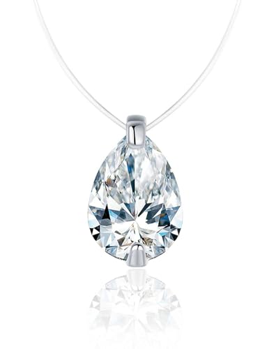 Teardrop 925 Silver CZ Floating Pendant Necklace 16 Inch Cubic Zirconia Invisible Necklace, Hypoallergenic, Jewelry Gifts for Women Anniversary Birthday - color: Pear-Shaped