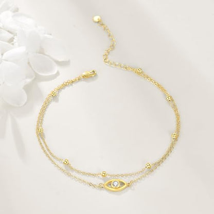 POPLYKE 925 Sterling Silver Double Layered Chain Evil Eye Daisy Sunflower Butterfly Anklets for Women Holiday Beach Crystal Ankle Bracelet Dainty Evil Eye Jewelry - style: Gold plated Evil Eye Anklet