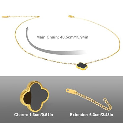 Four Leaf Clover Necklace 18K Gold Plated Necklaces for Women Lucky Flower Pendant Adjustable Link Chain Stainless Steel Dainty Trendy Simple Jewelry Gifts for Women - color: 1G-Single Black+White