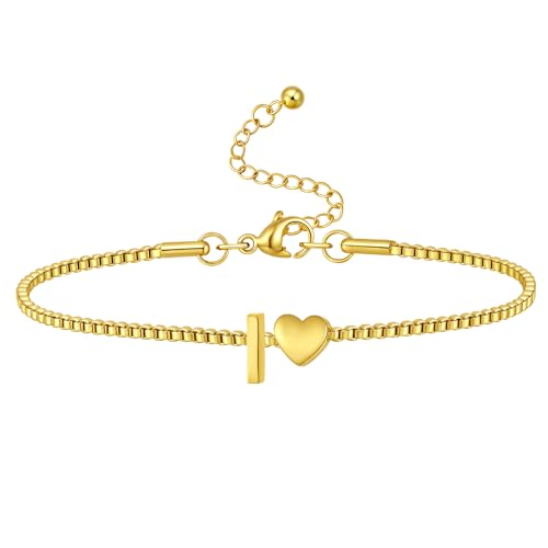 Gold Initial Bracelet for Women Dainty Personalized Name Bracelet | 14K Gold Plated, Letter A-Z Bracelet, Tiny Gold Initial Cute Heart Bracelet Jewelry Gift - color: I