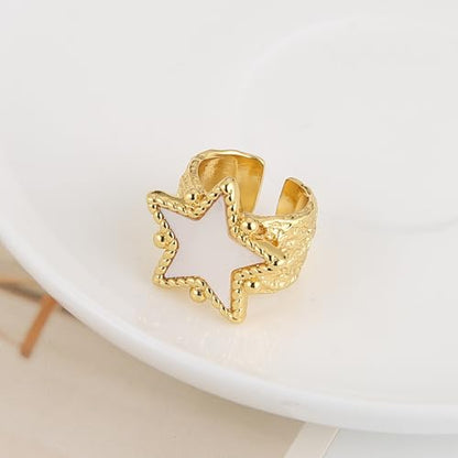 HZMAN 14K Gold Plated Open Ring for Women Brass Crystal Non Adjustable Statement Ring Collection - color: Star Mother of Pearl