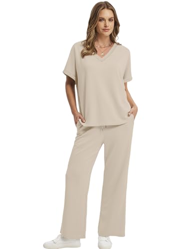 Sampeel Lounge Sets for Women V Neck Turn-UP Sleeves Tops Wide Leg Pants 2 Piece Sets Oversized Summer Vacation Outfits 2026 - color: Beige, size: Medium