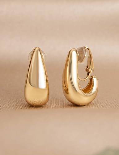 FAN&LOUIS Gold and Silver Clip On Earrings for Women, Chunky Huggie Teardrop Clip-on for Non Pierced Ears - style: Gold and Silver