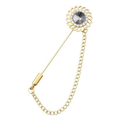 Mens Sunflower Lapel Pin Crystal Rhinestone Brooches for Men Hanging Chain Brooch Suit Pin Flower Lapel Pins for Men Wedding Business Party - color: Grey