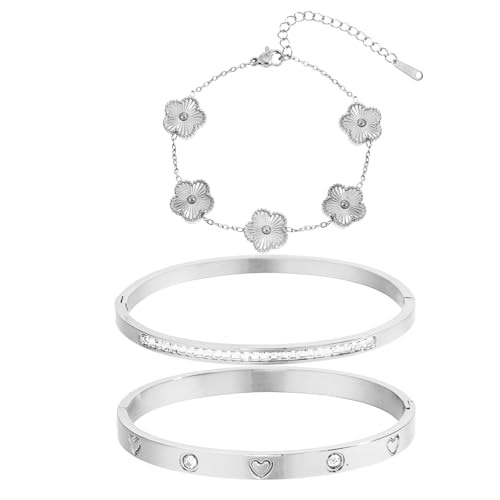 Gold Bangle Bracelets for Women -2PCS Friendship & Love Bangle Bracelet Clover Nail Bracelet Stack Set Trendy Non-Tarnish Stainless Steel Jewelry Gifts for Mom Wife Her - color: Silver 3pcs