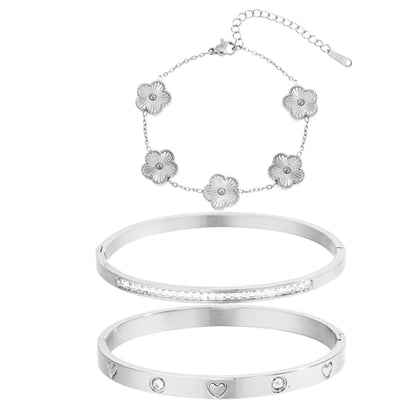 Gold Bangle Bracelets for Women -2PCS Friendship & Love Bangle Bracelet Clover Nail Bracelet Stack Set Trendy Non-Tarnish Stainless Steel Jewelry Gifts for Mom Wife Her - color: Silver 3pcs