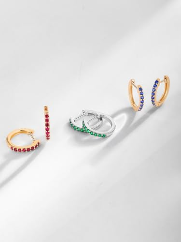 Chunky Emerald Sapphire Ruby Hoop Earrings, Princess or Round Cut, 14k Yellow Gold Plated Sterling Silver Cubic Zirconia Huggie Earings Minimalist Hoops Earrings for Women Wedding Daily Birthday - style: Round cut -Sapphire -Gold