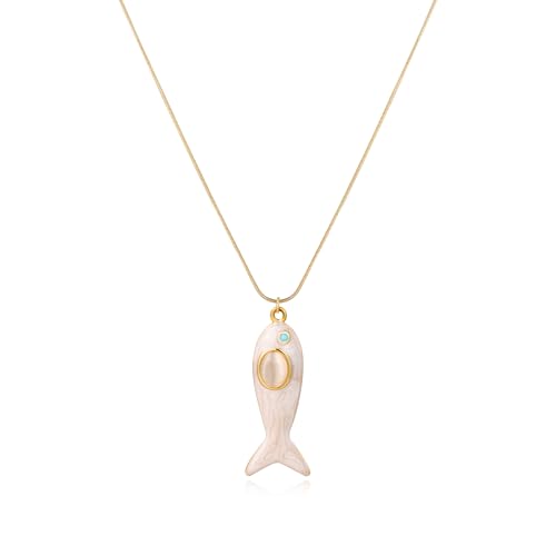 Boho Summer Fish Sea Pendant Charms Necklace For Women,Colored Seashore Ocean Holiday Stainless Steel Chain Surfer Jewelry Choker Necklace Adjustable - color: White