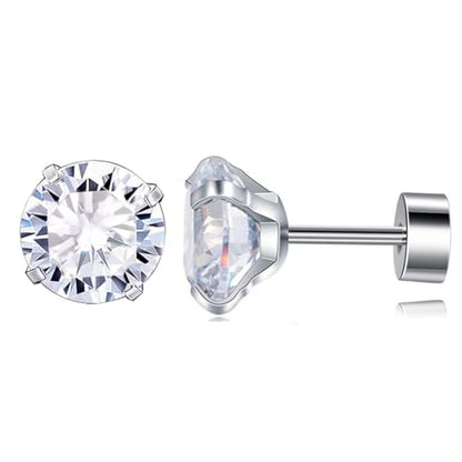 VOLUKA Cubic Zirconia Stainless Steel Screw Flat Back Earring - Hypoallergenic Stud Earrings for Women & Men - 316L Titanium CZ Stud Earrings for Nickel-Free, Trendy & Elegant - color: 1 Pair- 6mm Flat Back -White