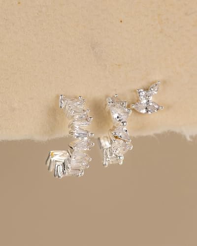 3 Pairs Earring Stacks, Gold Earring Set Jewelry Gift for Women | Small, 14K Gold/White Gold/Black/Rose Gold Plated, Hypoallergenic, Her, Everday, Stackable, Simple, 3 Holes - color: Silver-Geometric