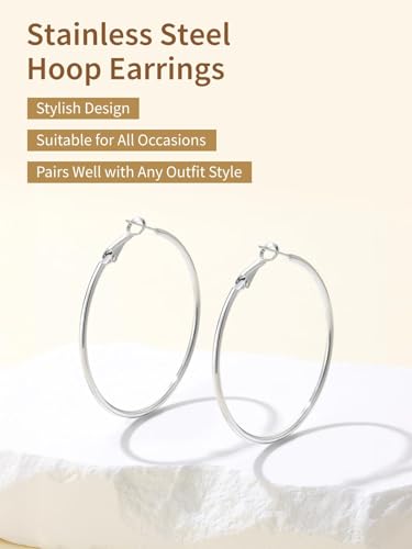 FindChic Thin Hoop Earrings for Women,Silver/Black/Gold Plated 20-100mm - color: Silver, size: 50mm