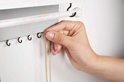 Rustic White Necklace Jewelry Organizer - Wall Mount Jewelry Holder - Mounted Hanging Jewelry Storage Hooks for Necklace, Earrings, and Rings - Farmhouse Wood Decor Bedroom Boho Shelf Rack - style: Rustic - Whitewashed Wood