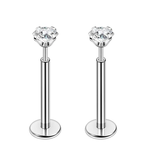 PunkTracker 16g/18g/20g Titanium Steel Threadless Flat Back Cartilage Earrings for Helix/Tragus/Conch/Daith/Earlobe - Nose Studs Lip Rings Labret Monroe Piercing Jewelry for Women Men 2PCS - style: 16g,silver,10mm bar,2mm gem
