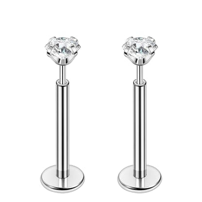 PunkTracker 16g/18g/20g Titanium Steel Threadless Flat Back Cartilage Earrings for Helix/Tragus/Conch/Daith/Earlobe - Nose Studs Lip Rings Labret Monroe Piercing Jewelry for Women Men 2PCS - style: 20g,silver,10mm bar,2mm gem