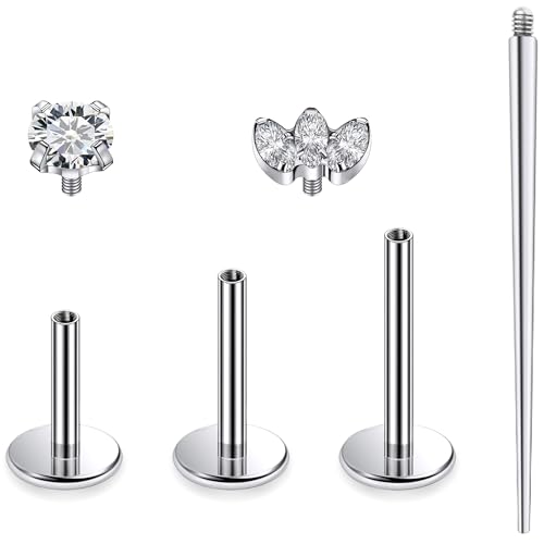 Titanium Flat Back Lip Rings Internally Threaded Earrings Studs Nose Rings 16G Opal CZ Tragus Cartilage Lobe Rook Helix Conch Labret Medusa Piercing Jewelry for Women Men W Piercing Taper Set - style: Three CZ
