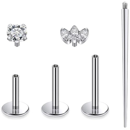 Titanium Flat Back Lip Rings Internally Threaded Earrings Studs Nose Rings 16G Opal CZ Tragus Cartilage Lobe Rook Helix Conch Labret Medusa Piercing Jewelry for Women Men W Piercing Taper Set - style: Three CZ