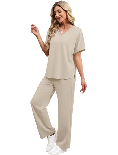 Sampeel Lounge Sets for Women V Neck Turn-UP Sleeves Tops Wide Leg Pants 2 Piece Sets Oversized Summer Vacation Outfits 2026 - color: Beige, size: Medium
