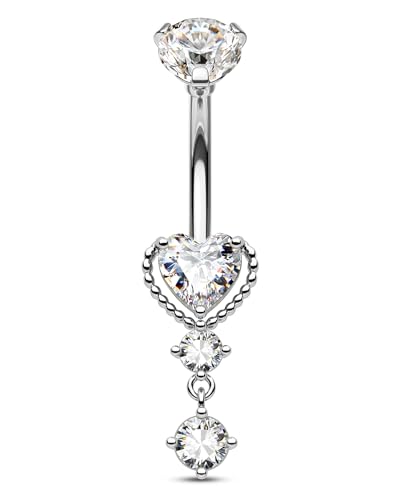 Dangle Belly Button Rings 14G Heart Belly Navel Rings for Women Surgical Steel Navel Piercing Jewelry - color: WG-10MM