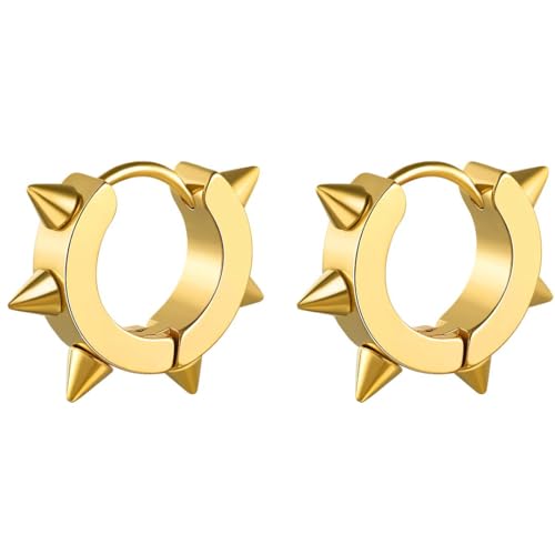 ChainsHouse Stud Earrings for Men Women,316L Stainless Steel/14K Gold/Black Plated Metal, Punk Hypoallergenic Surgical Huggie Hoop Earrings Mens Jewelry Piercing Hoop Earrings - style: D: Gold-Spike(1 Pair)
