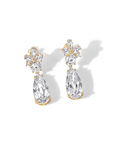 PAVOI 14K Gold Plated Cubic Zirconia Dangle Earrings for Women - Crystal Long Linear Bridal Drop Earrings - Cluster CZ Pearl Simulated Diamond Drop Dangle Wedding Jewelry for Brides & Bridesmaid - style: Teardrop