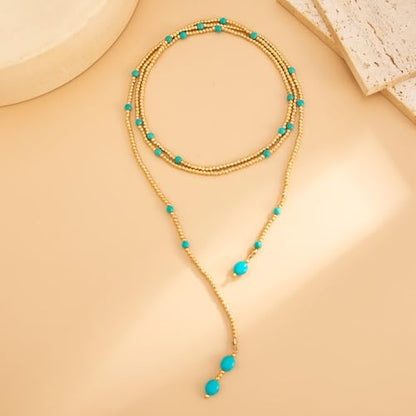 Lariat Long Beaded Necklaces for Women Trendy Y-Shaped Pendant Necklace with Turquoise Baroque Pearl Drops Layered Bohemian Beaded Necklace Fashion Statement Jewelry Gifts - color: Gold3
