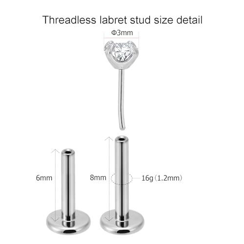 20g/18g/16g Titanium Press Fit Threadless Push in Labret Stud