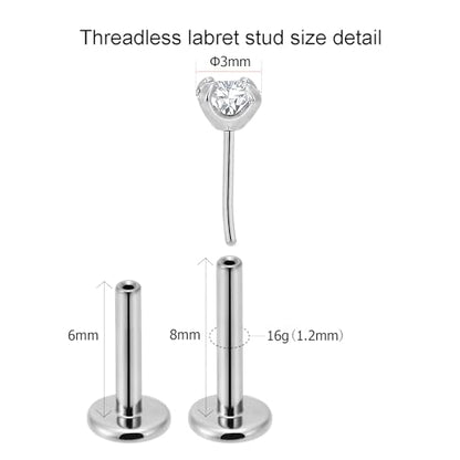 20g/18g/16g Titanium Press Fit Threadless Push in Labret Stud