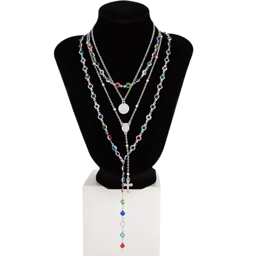 Layered Cross Necklace Set for Women, Layered Choker Necklaces Trendy Jewelry, Colorful Enamel Beaded Y-Shaped Lariat Necklace, Boho Multilayer Cross Necklace for Party and Daily Wear - color: Silver-05