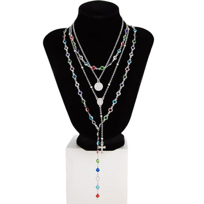 Layered Cross Necklace Set for Women, Layered Choker Necklaces Trendy Jewelry, Colorful Enamel Beaded Y-Shaped Lariat Necklace, Boho Multilayer Cross Necklace for Party and Daily Wear - color: Silver-05