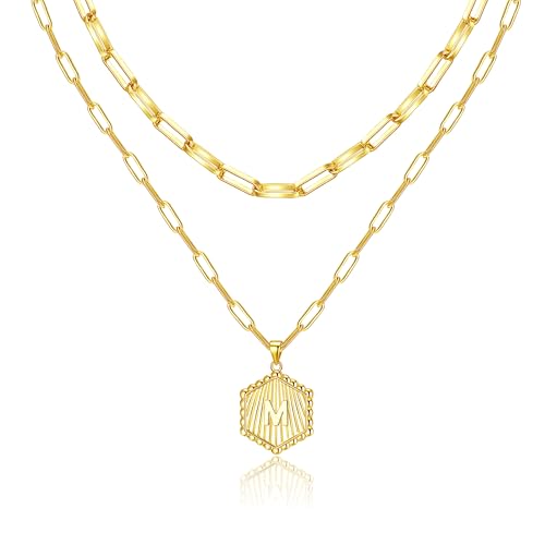 Layered Initial Necklace for Women | Gold Plated Paperclip Chain with Sunburst Hexagon Letter Pendant | Double Layer Alphabet Necklace | Personalized Minimalist Jewelry Gift - color: M