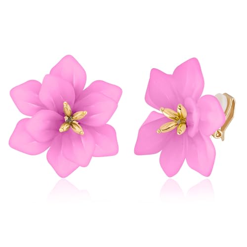 LAXPICOL Fashion Big Flower Clip On Earrings For Women Cute Lovely Acrylic Flower Earrings No piercing Earrings 2.36" - color: purple