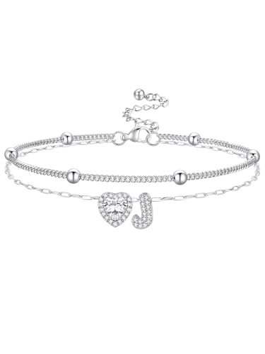 Bestyle Initial Anklet Bracelets for Women Waterproof Non Tarnish 14K Gold/White Gold Plated CZ Anklets for Women Dainty Layered Letter Heart Ankle Bracelets Adjustable Foot Chain Anklet - color: J