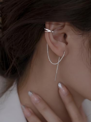 Long Chain Cuff Earrings Gold Silver Wrap Tassel Earrings Minimalist Cz Round Stud With Chain Cuff Double Piercing Jewelry Statement Fake Earrings for Women - color: style1-silver-2pcs