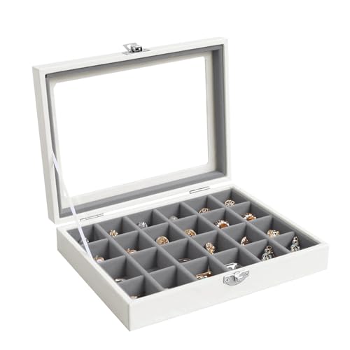 Wudygirl 24 Grid Earring Organizer Small Jewelry Box with Lid WhiteGray | Ring Box with Adjustable Dividers, Velvet Lining, Ideal for Rings, Earrings, Jewelry Display, Gift Giving - style: White Gray 24 Grid