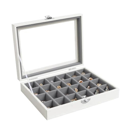 Wudygirl 24 Grid Earring Organizer Small Jewelry Box with Lid WhiteGray | Ring Box with Adjustable Dividers, Velvet Lining, Ideal for Rings, Earrings, Jewelry Display, Gift Giving - style: White Gray 24 Grid
