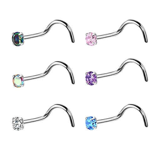 BelezaDosas 6pcs G23 Titanium Nose Studs 18G 20G Screw Nose Ring Press Fit 2mm 2.5mm 3mm Piercing Jewelry for Sensitive Skin - style: 20G 2.5mm Claw CZ 6PCS
