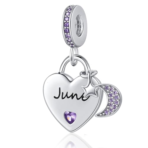 12 Months Birthstone Heart Charm Moon and Star Pendant Bead Compatible with Pandora Bracelet Women - style: June